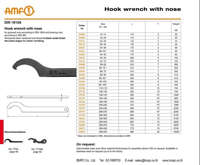 Hing Hook wrench with nose, ประแจขันนีอตล๊อกลูกปืนปลายเพลา, Wrench for slotted round nut, 